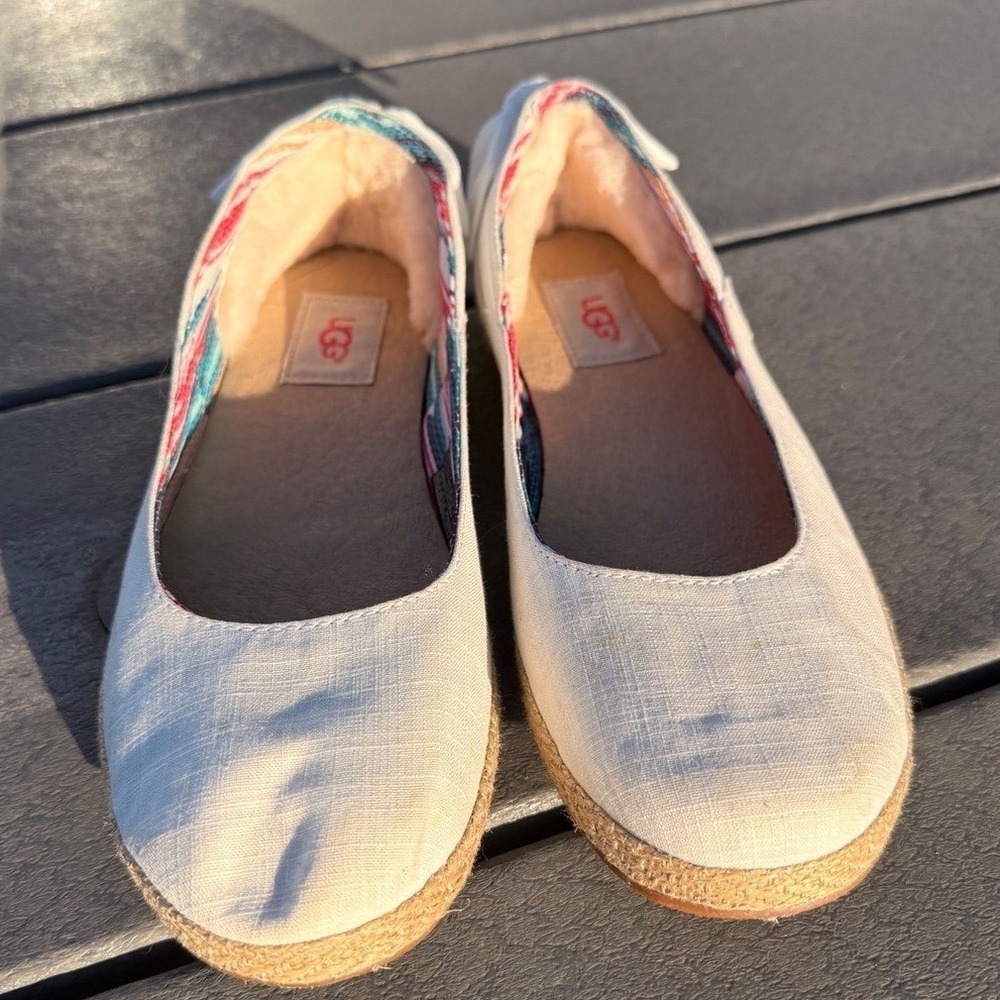 UGG Chivon Espadrille Flats 7.5 White Canvas Jute Coastal Boho
